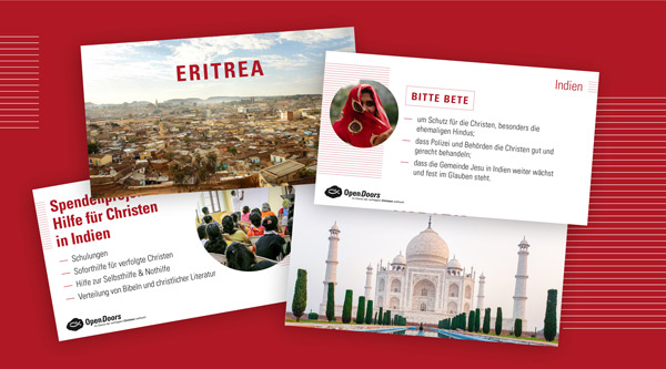 Präsentationsfolien zum weltweiten Gebetstag für verfolgte Christen mit einem Bild einer Stadt in Eritrea und einem Bild von der Taj Mahal, sowie einer indischen rotverschleierten Frau und einer betenden Menschengruppe