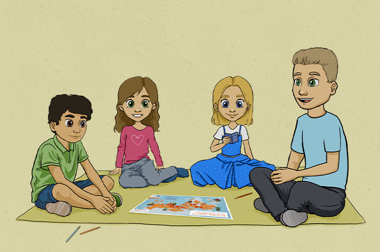Gezeichnet: drei Kinder und ein Erwachsener Mann sitzen auf einem Teppich und haben eine Weltkarte vor sich