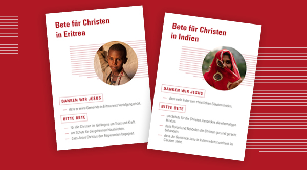 Zwei Gebetskarten mit Gebetsanliegen zu den Ländern Eritrea und Indien