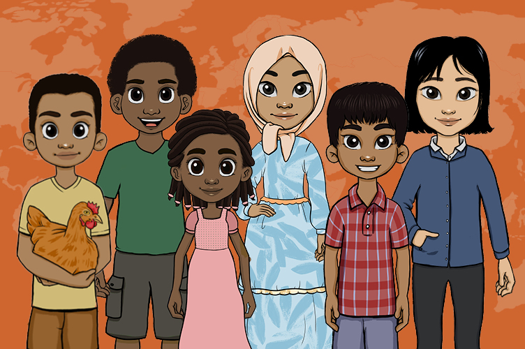 Sechs gezeichnete Kinder aus der ganzen Welt mit bunter Kleidung stehen eng aneinander vor einem orangefarbenen Hintergrund