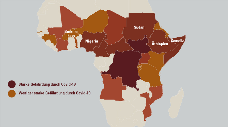 Gefährdungslage der Subsahara-Länder im Blick auf Covid 19 laut Einschätzung des Africa Centre(Grafik: Copyright Open Doors)