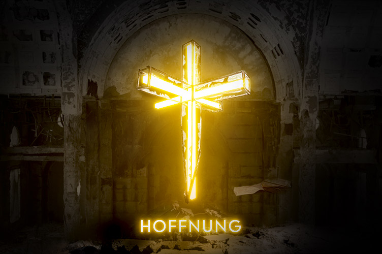 Leuchtendes Kreuz in einer zerstörten Kirche - Hoffnung