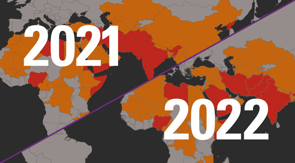 Karte des Weltverfolgungsindex 2021 und Karte des Weltverfolgungsindex 2022 im Vergleich
