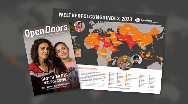 Karte zum Weltverfolgungsindex 2023 und Cover eines Magazins
