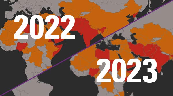 Karte des Weltverfolgungsindex 2023 und Karte des Weltverfolgungsindex 2022 im Vergleich