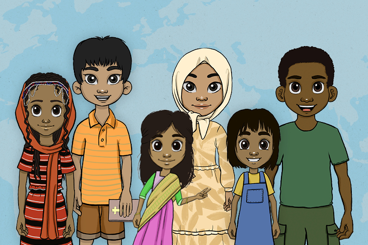Sechs gezeichnete Kinder aus der ganzen Welt mit bunter Kleidung halten sich an der Hand und stehen eng aneinander vor einem hellblauen Hintergrund 