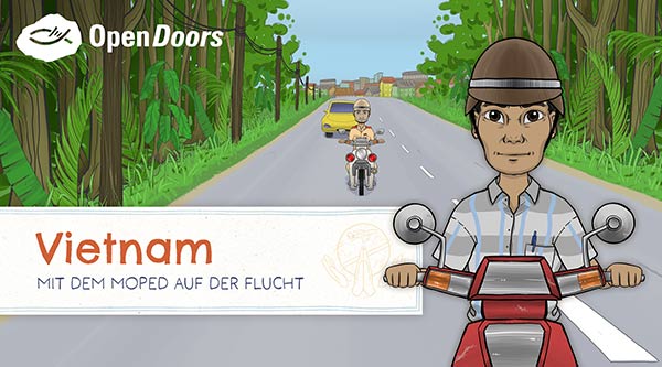 Ein gezeichneter vietnamiesischer Mann sitzt auf einem Moped und hinter ihm ist eine Straße und darauf ein Auto und ein weiteres Moped zu sehen. Die Straße ist gesäumt mit Bäumen und Büschen und am Ende ist ein Dorf zu erkennen.