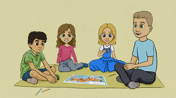 Gezeichnet: drei Kinder und ein Erwachsener Mann sitzen auf einem Teppich und haben eine Weltkarte vor sich