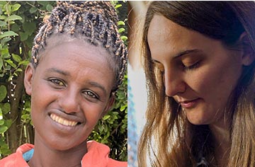 Splitbild zweier junger Frauen - eines zeigt eine lächelnde Äthiopierin und das andere zeigt eine betende Deutsche Frau
