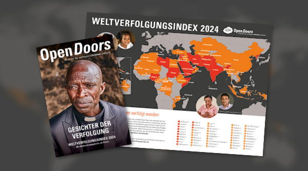 Cover des Sonderheftes "Gesichter der Verfolgung" und die Karte zum Weltverfolgungsindex 2024