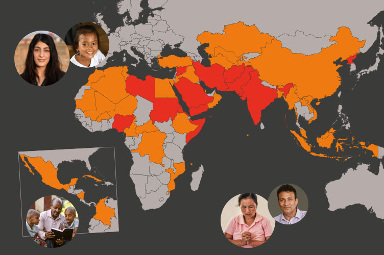 Die Kartenansicht des Weltverfolgungsindex mit verschiedenen Gesichtern und rot-orange eingefärbten Ländern