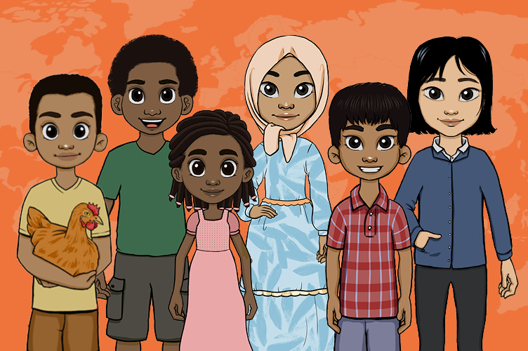 Sechs gezeichnete Kinder aus der ganzen Welt mit bunter Kleidung stehen eng aneinander vor einem orangefarbenen Hintergrund