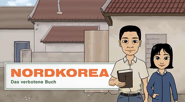Gezeichnet: Ein asiatischer Mann hält in der Hand eine Bibel und neben ihm steht ein asiatisches Mädchen