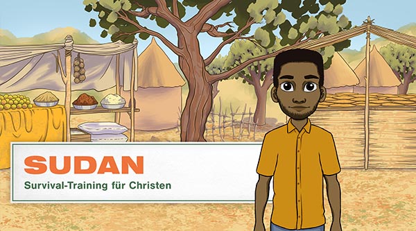 Gezeichnet: Ein sudanesischer Mann steht vor dem Hintergrund eines Dorfes im Sudan