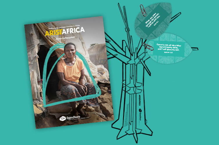 Produktabbildung des Arise Africa Begleithefts vor einer Skizze des Ermutiungsbaums.