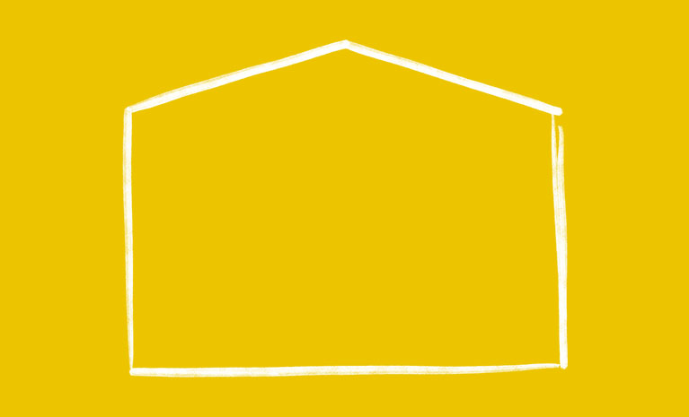 Strichzeichnung eines Hauses in weiß auf gelbem Hintergrund
