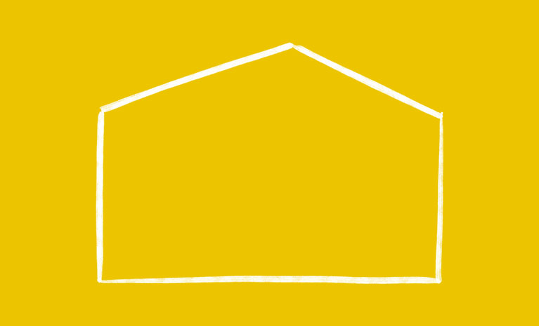 Vereinfachte Strichzeichnung eines weißen Hauses auf gelbem Hintergrund