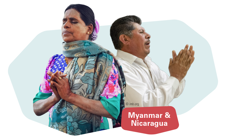 Coverbild des WWGT-Materials für 2025. Eine Frau aus Myanmar und ein Mann aus Nicaragua beten.