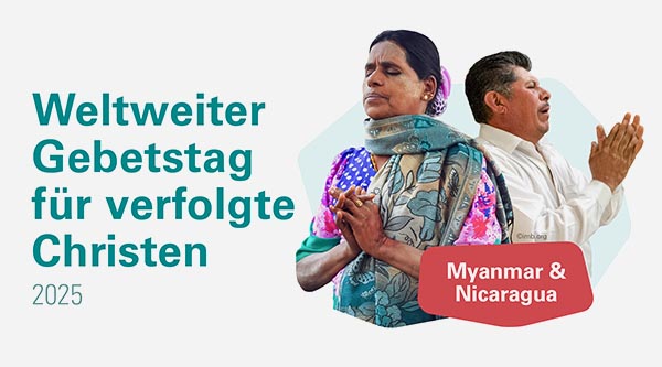 Weltweiter Gebetstag für verfolgte Christen 2025: Myanmar und Nicaragua. Ein Mann und eine Frau beten.