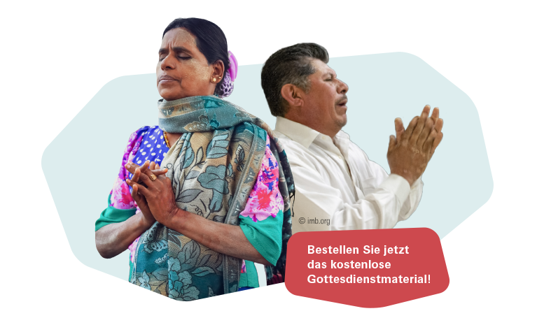 Coverbild des WWGT-Materials für 2025. Eine Frau aus Myanmar und ein Mann aus Nicaragua beten.