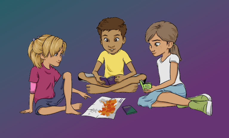 Drei illustrierte Secret Kids sitzen gemeinsam vor dem Weltverfolgungsindex für Kinder.