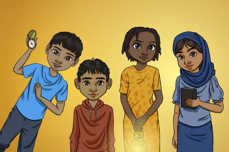 Vier illustrierte Secret Kids auf goldfarbenem Hintergrund