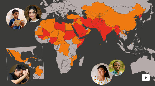Abbildung der Karte des Weltverfolgungsindex 2026 mit einem kleinen Play-Symbol in der Ecke unten rechts