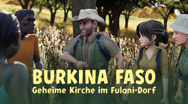 Szene aus dem Secret Kids Video zu Burkina Faso mit dem Schriftzug: "Burkina Faso Geheime Kirch im Fulani-Dorf"