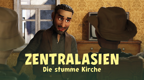 Szene aus einem Secret Kids Video mit dem Schriftzug: "Zentralasien Die stumme Kirche"