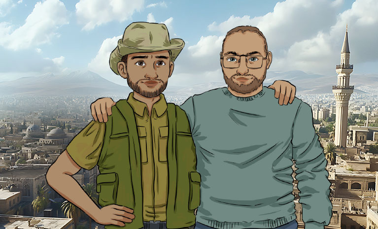 Zwei illustrierte Männer im Stil der Secret Kids vor einem Stadtpanorama