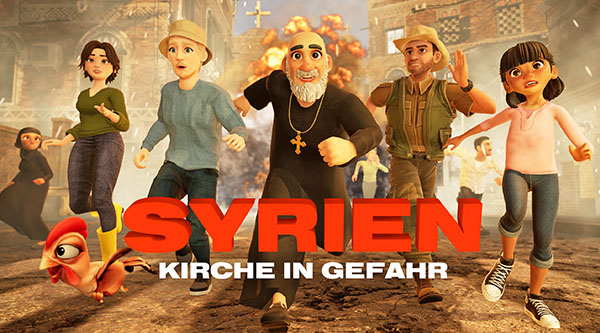 Syrien – Kirche in Gefahr | Fünf illustrierte Figuren rennen auf den Betrachter zu