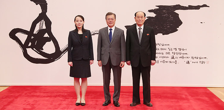 Kim Yo-jong (links) bei einem Treffen mit dem Südkoreanischen Präsidenten Moon Jae-in (mitte) und Kim Yong-nam (rechts)