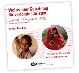 Bestellflyer zum weltweiten Gebetstag für verfolgte Christen mit einem eritreischen Jungen und einer indischen Frau im roten Sari 