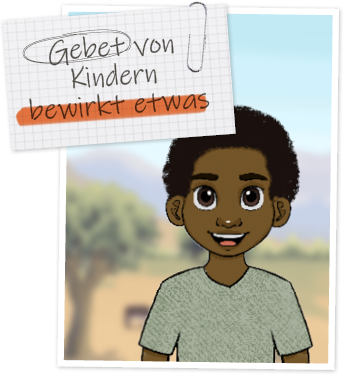 Gezeichnet: ein afrikanischer Junge und daneben eine Notiz auf einem Zettel mit der Aufschrift Gebet von Kindern bewirkt etwas