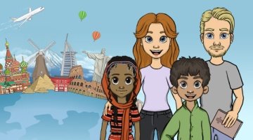 Zwei gezeichnete Erwachsene mit zwei gezeichneten Kindern stehen vor einer Weltkugel im Hintergrund