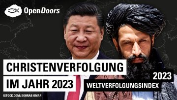 Ein Bild mit zwei Männern aus unterschiedlichen Ländern und dem Schriftzug "Christenverfolgung im Jahr 2023"