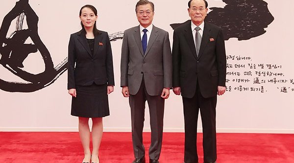 Kim Yo-jong (links) bei einem Treffen mit dem Südkoreanischen Präsidenten Moon Jae-in (mitte) und Kim Yong-nam (rechts)