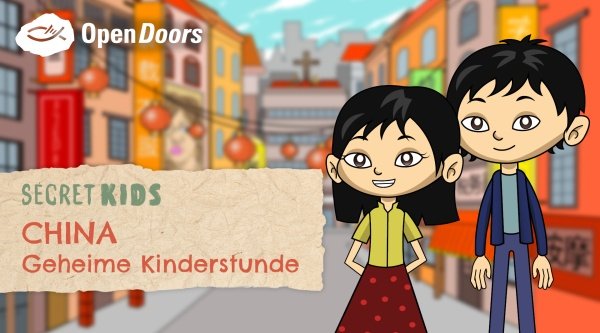 Gezeichnet. zwei chinesische Kinder vor unscharfem Hintergrund mit Bauchbinde "Secret Kids - China - Geheime Kinderstunde"