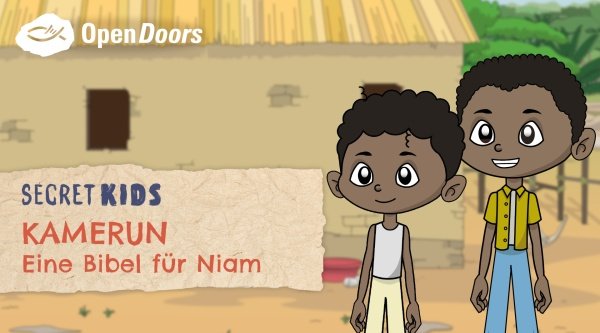 Gezeichnet: Zwei afrikanische Kinder vor einem unscharfem Hintergrund mit Bauchbinde "Secret Kids - Kamerun - Eine Bibel für Niam"