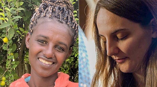 Splitbild zweier junger Frauen - eines zeigt eine lächelnde Äthiopierin und das andere zeigt eine betende Deutsche Frau