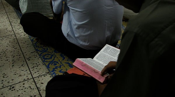 Eine sitzende Person seitlich hält ein aufgeschlagenes Buch in den Händen
