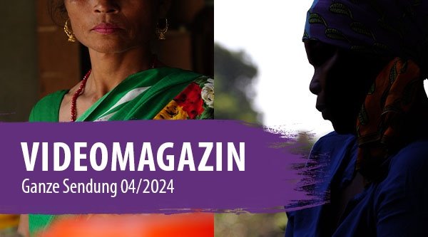 Ein geteiltes Bild. Links ist eine Nepalesin in bunten Gewändern zu sehen. Rechts ist eine mosambikanische Frau im dunklen Halbprofil zu sehen. Gemeinsam bilden sie das Vorschaubild für das Open Doors Videomagazin April 2024