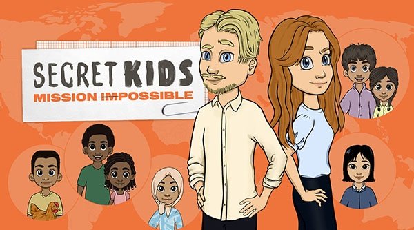 Gezeichnet: Manu und Johnny stehen mit dem Rücken zueinander und außen herum sind Kreise mit Kindern aus verschiedenen Ländern