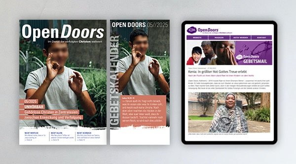 Produktabbildung des Open Doors Monatsmagazins und des Gebetskalenders für den aktuellen Monat. Rechts daneben wird ein Tablet mit den aktuellen digitalen Meldungen abgebildet.