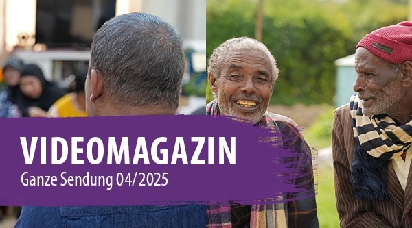 Eine Gruppe von Menschen in einem Garten stellen das Coverbild des Videomagazins 04/2025 dar.