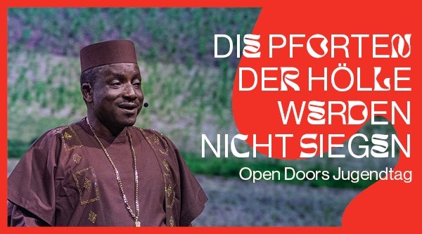 Collage von einem Mann mit roten Zierelementen und dem Schriftzug: Die Pforten der Hölle werden nicht siegen