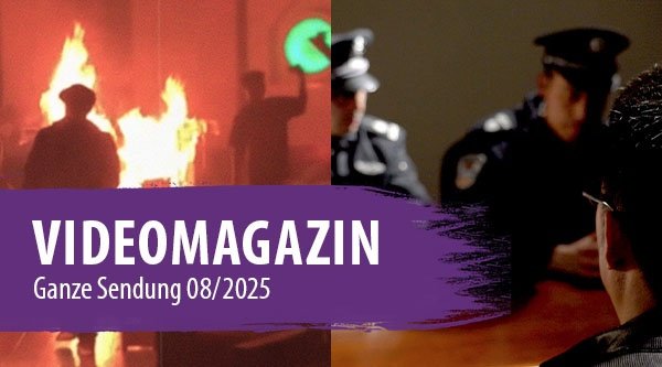 Links ist Feuer zu sehen und rechts Polizisten