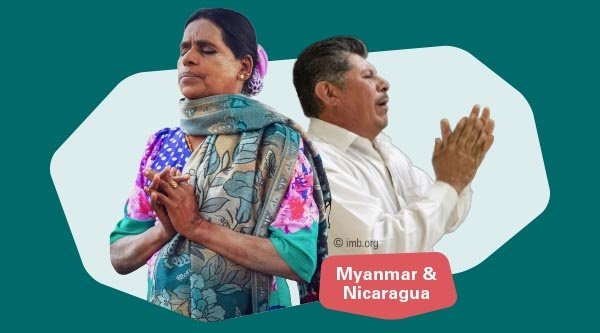 Coverbild des WWGT-Materials für 2025. Eine Frau aus Myanmar und ein Mann aus Nicaragua beten.