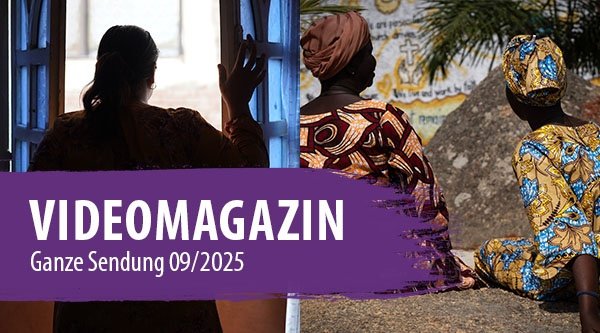 Links steht eine Frau an einem Fenster und rechts sitzen zwei Frauen auf einem Felsen