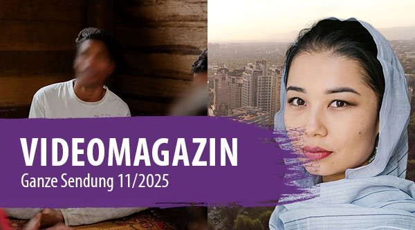 Zwei Bilder mit einem auf dem Boden sitzenden Mann und einer Frau die vor einer Stadt steht